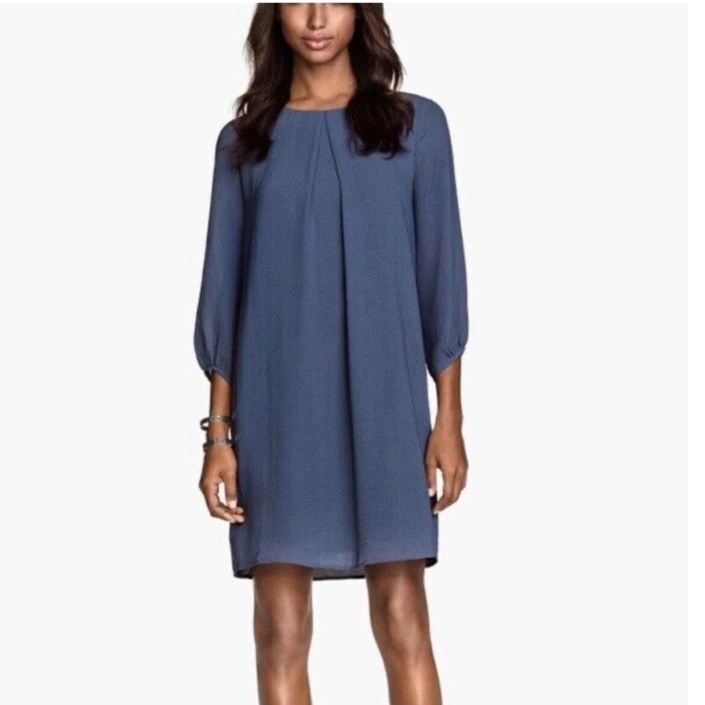 H&M Crewneck 3/4 Sleeve Chiffon Relaxed Shift Mini Dress Blue 4